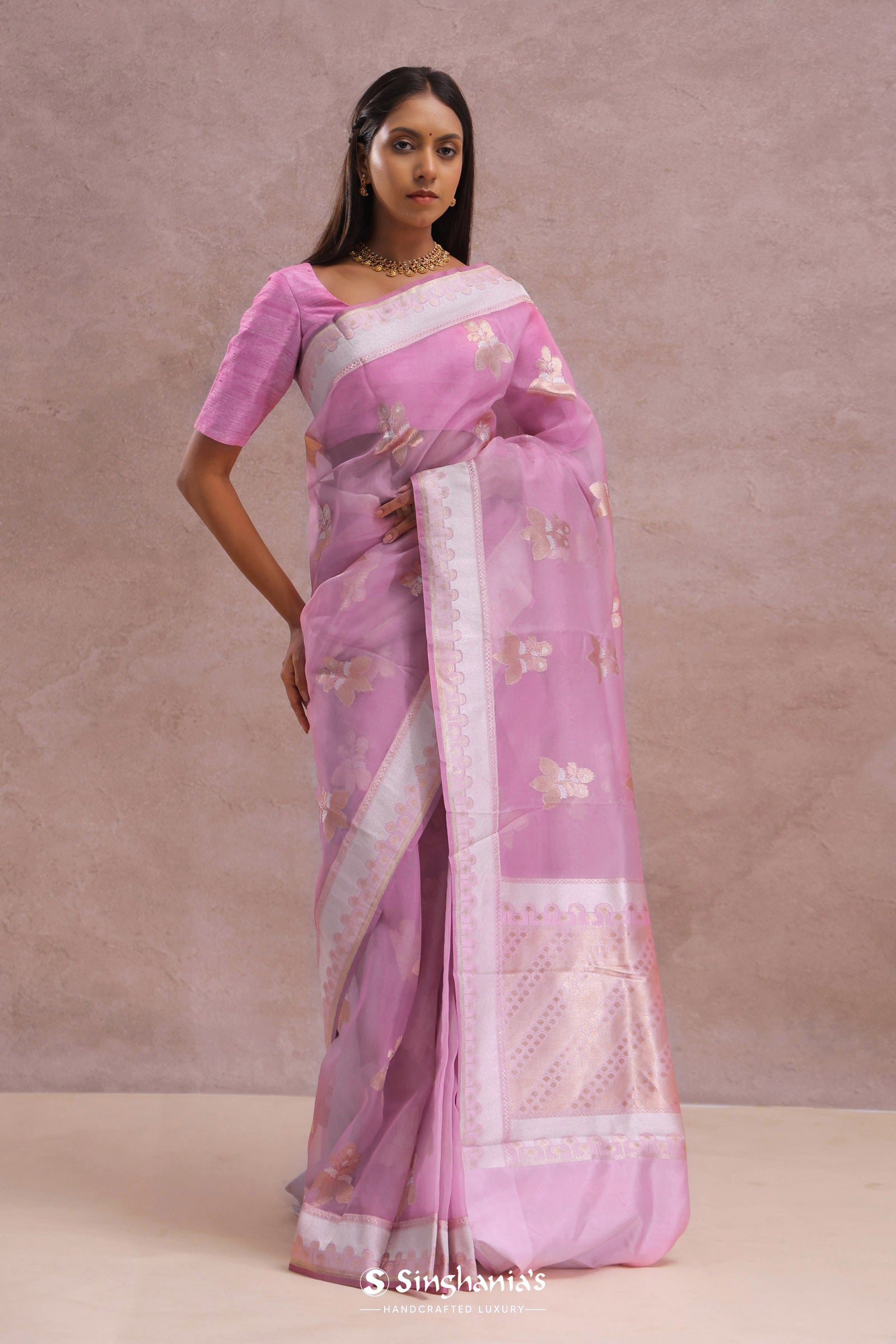 Pink Organza Banarasi Saree With Butta'S
