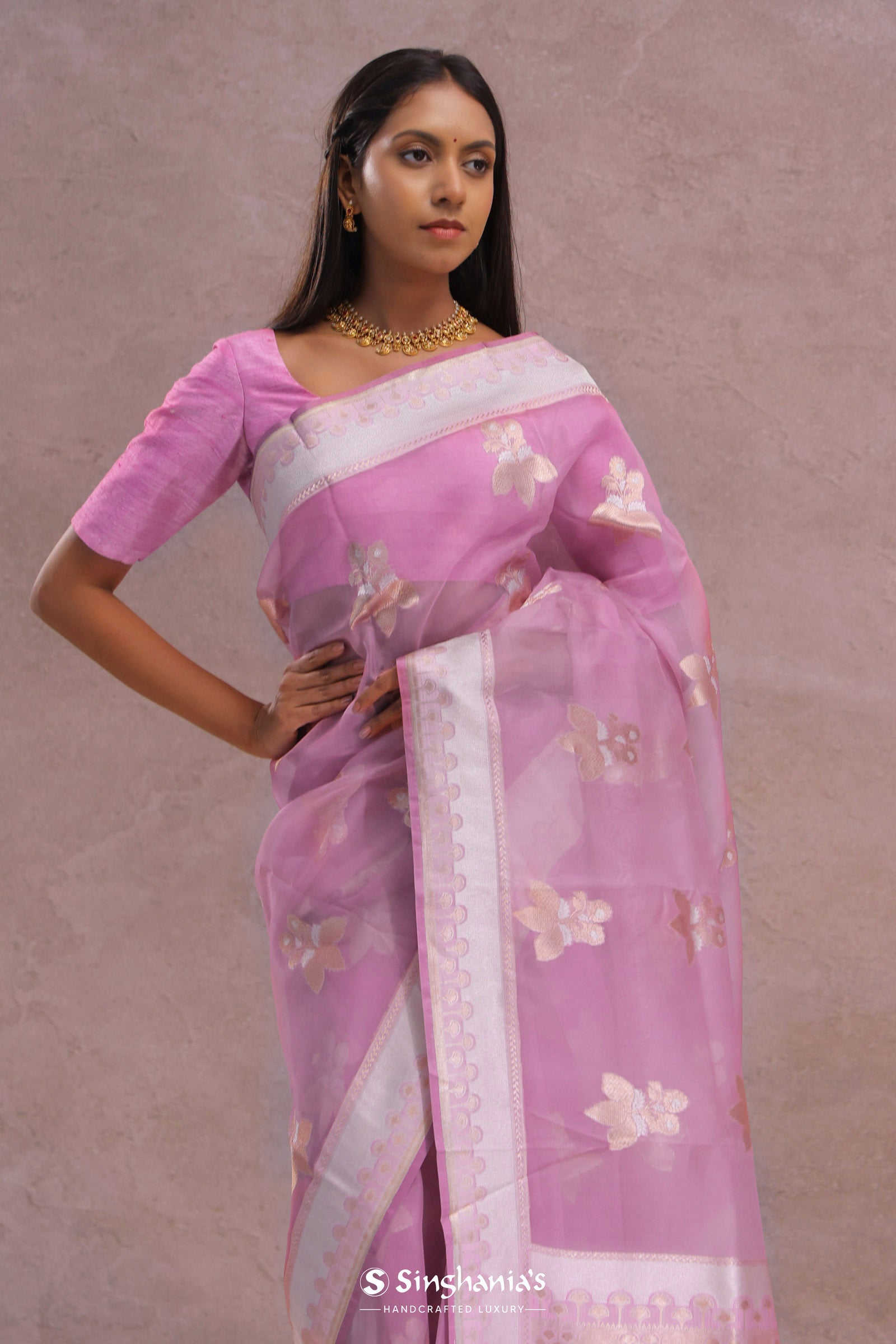 Pink Organza Banarasi Saree With Butta'S