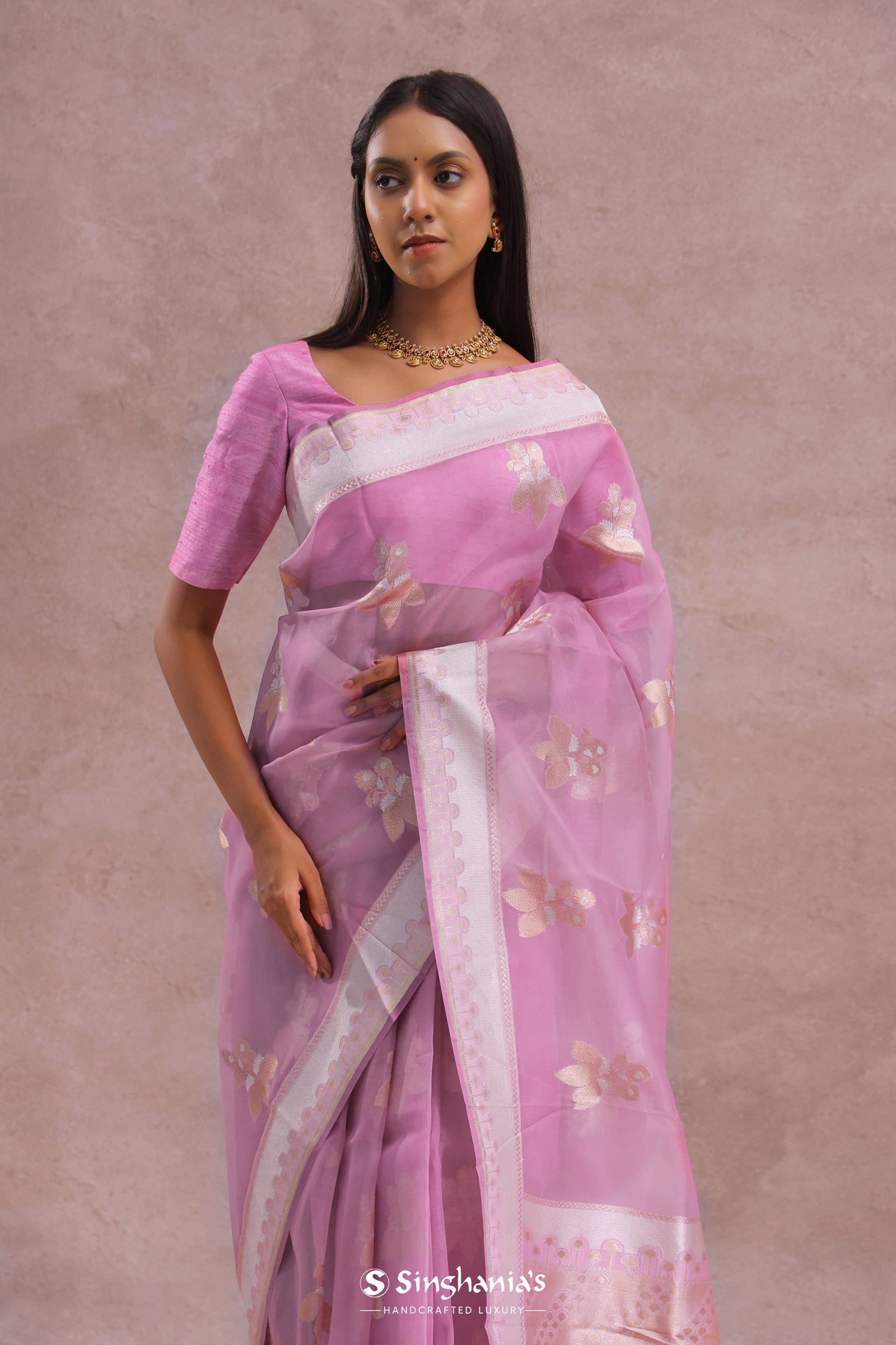 Pink Organza Banarasi Saree With Butta'S