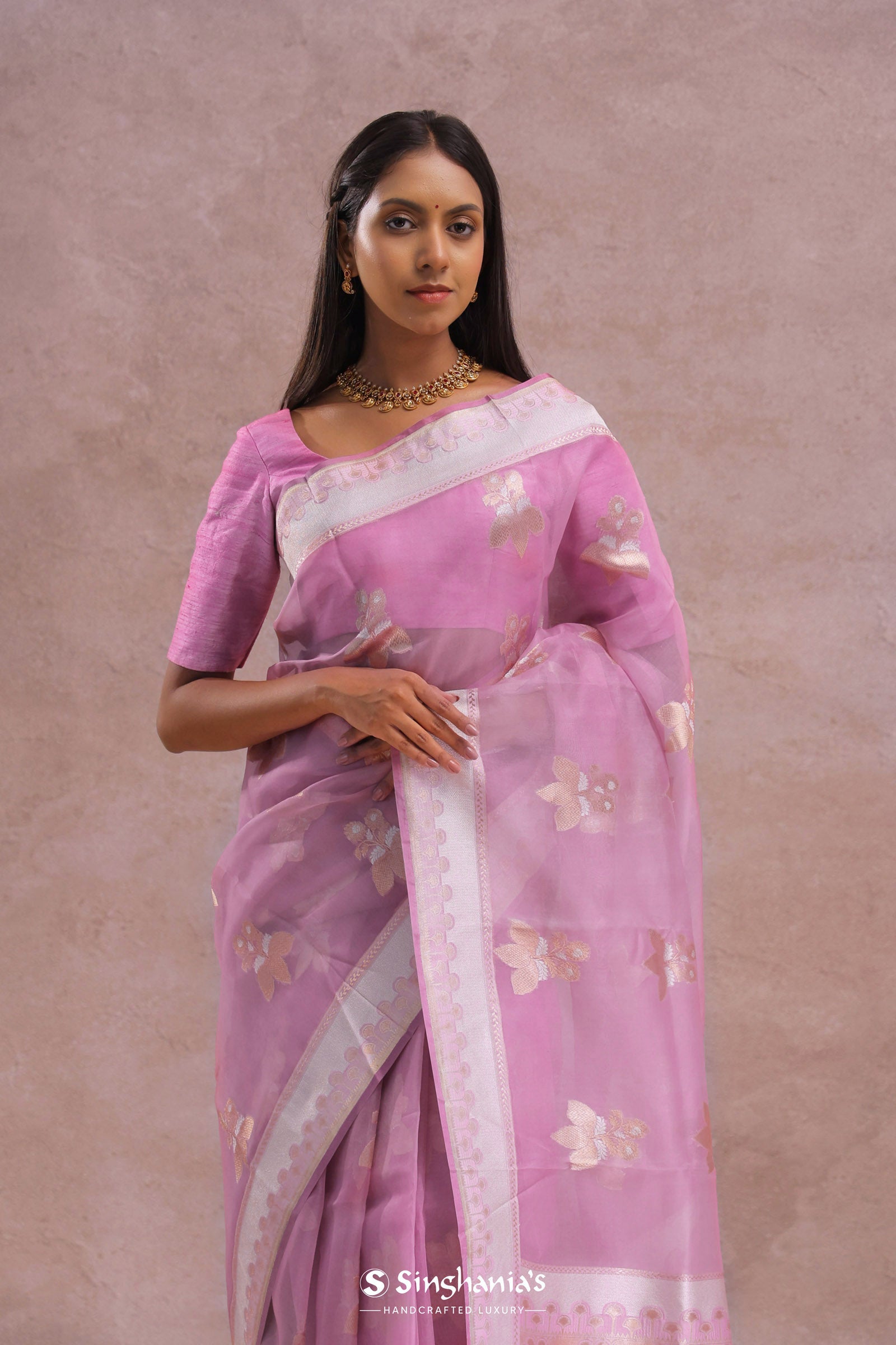 Pink Organza Banarasi Saree With Butta'S