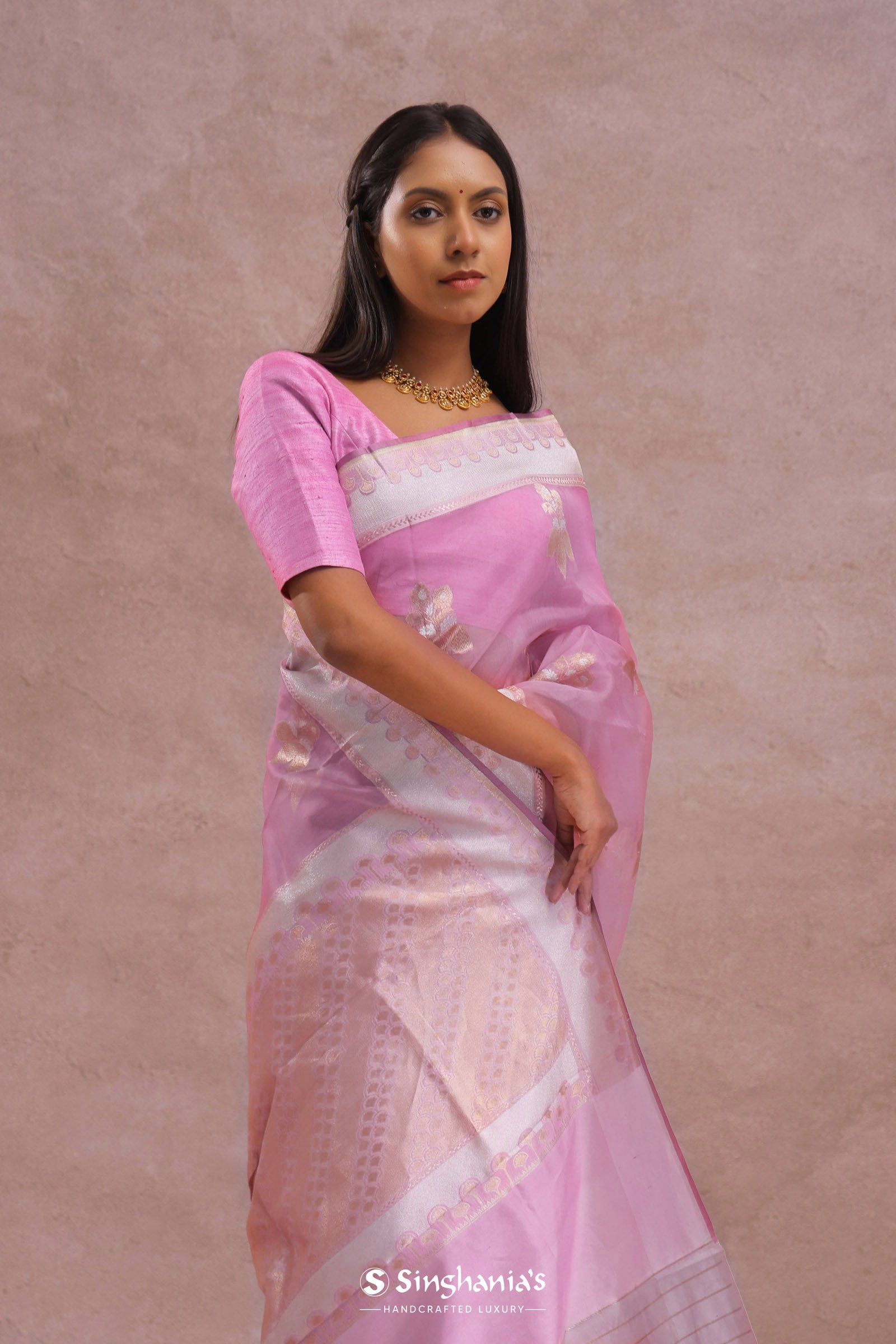 Pink Organza Banarasi Saree With Butta'S