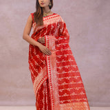 Red Organza Banarasi Saree With Floral Design