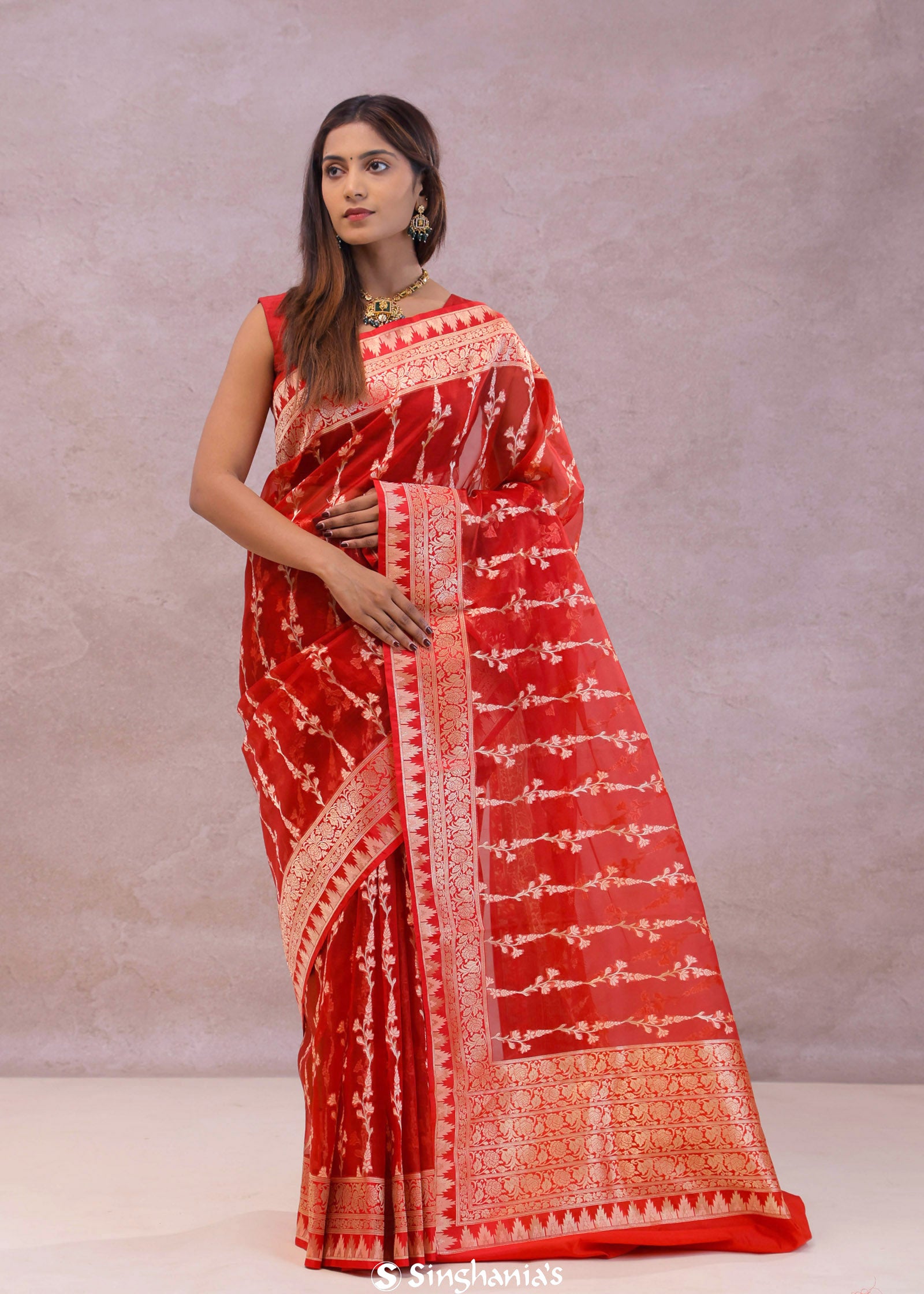 Red Organza Banarasi Saree With Floral Design