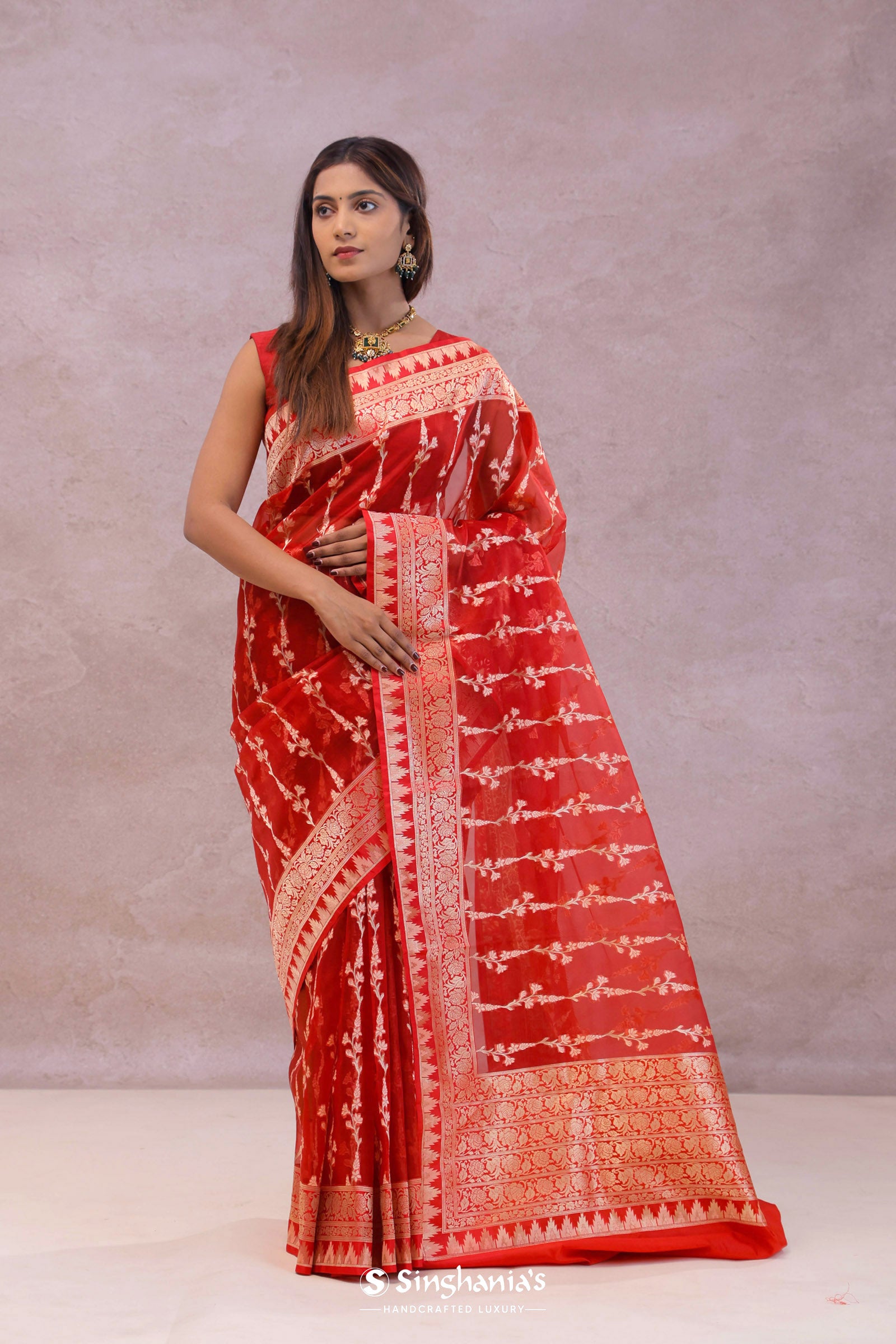 Red Organza Banarasi Saree With Floral Design