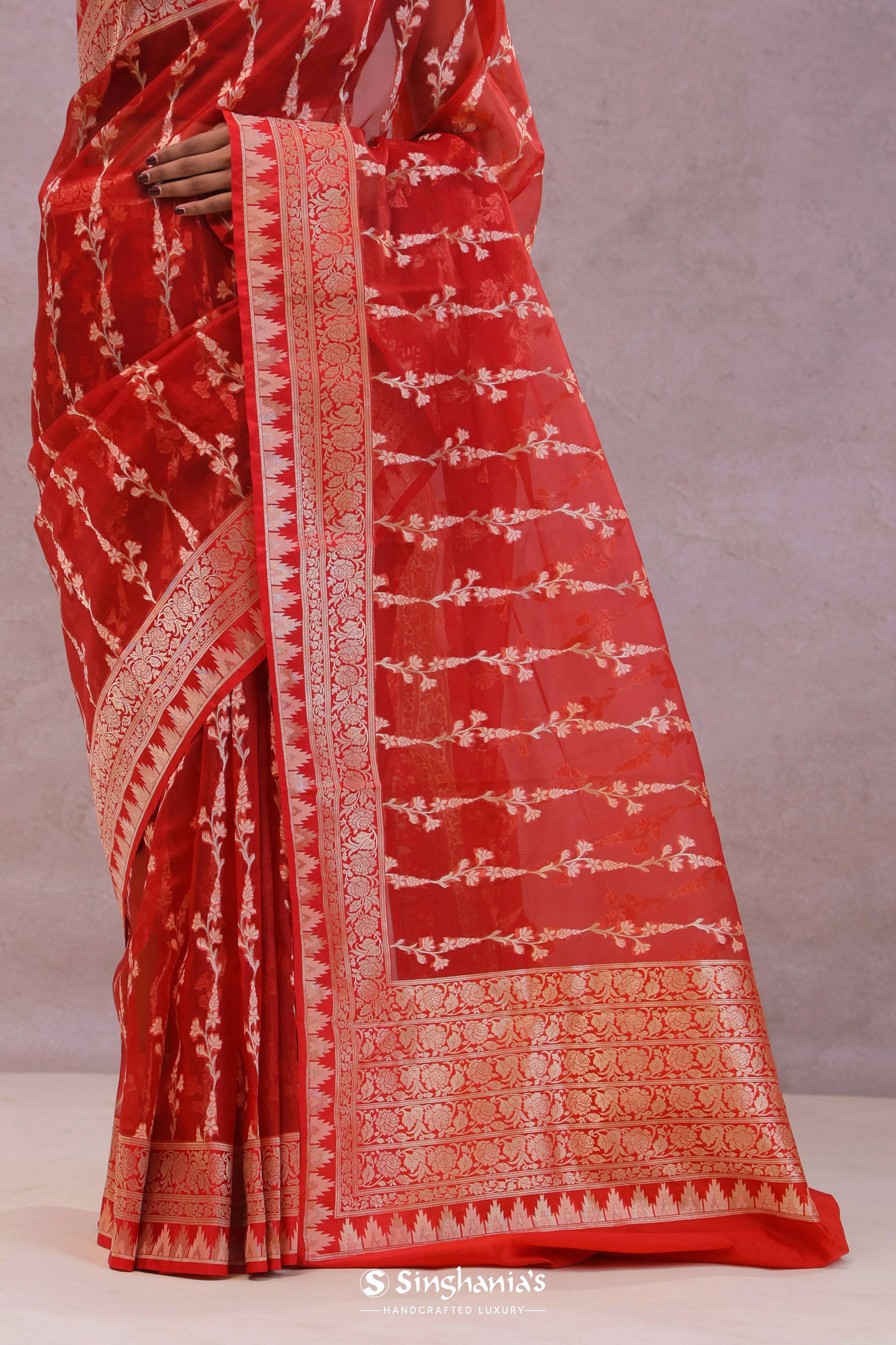 Red Organza Banarasi Saree With Floral Design