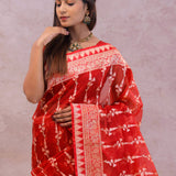 Red Organza Banarasi Saree With Floral Design
