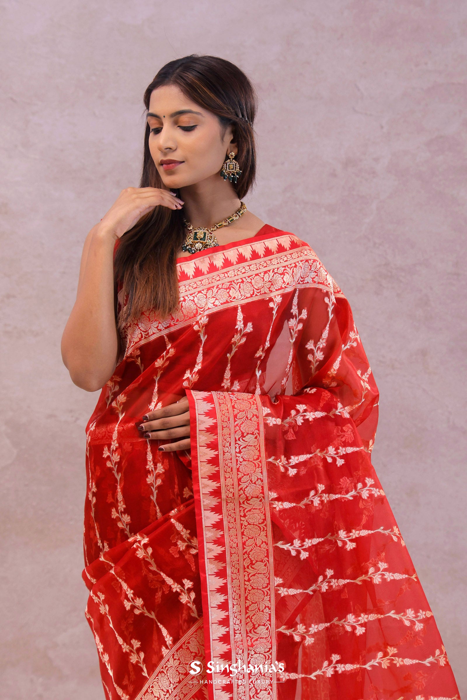 Red Organza Banarasi Saree With Floral Design