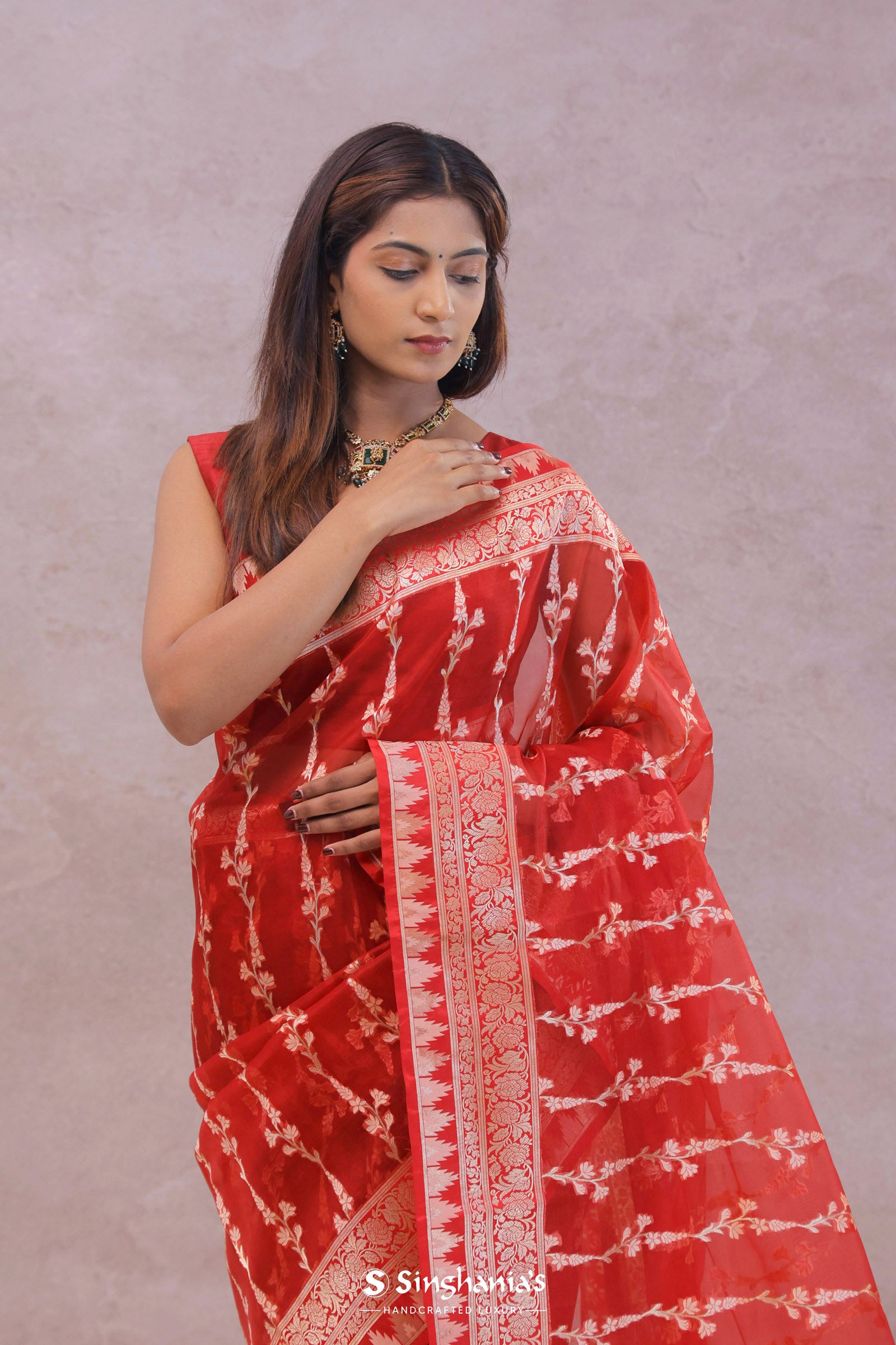 Red Organza Banarasi Saree With Floral Design