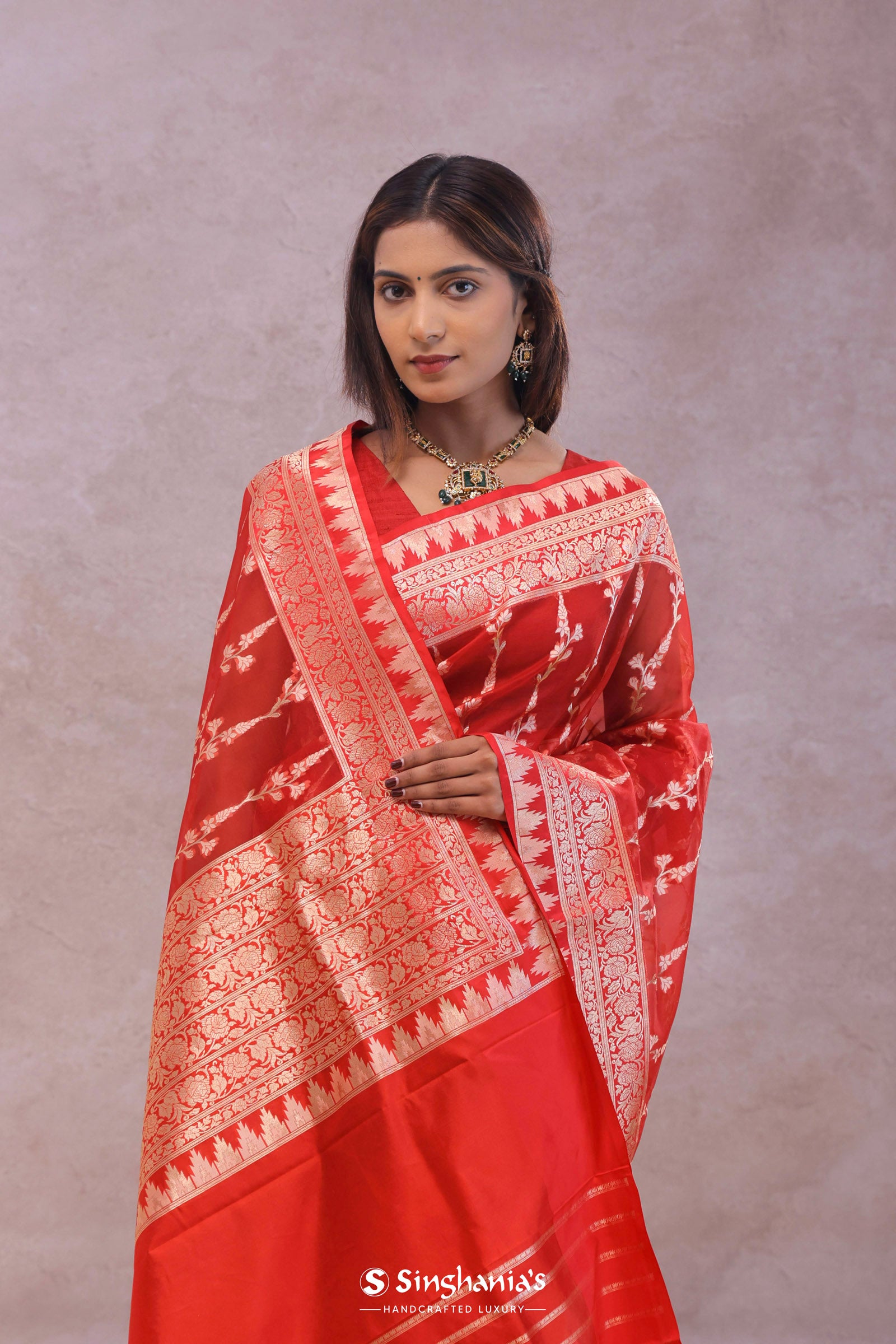 Red Organza Banarasi Saree With Floral Design