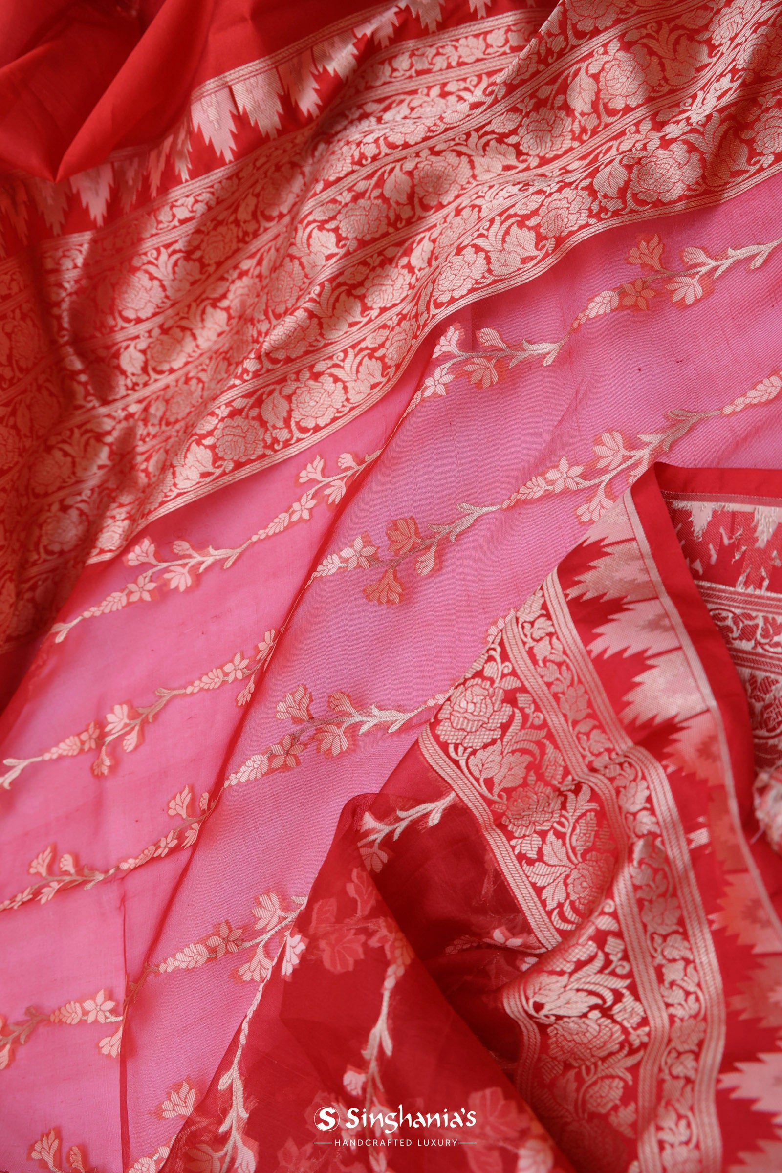 Red Organza Banarasi Saree With Floral Design