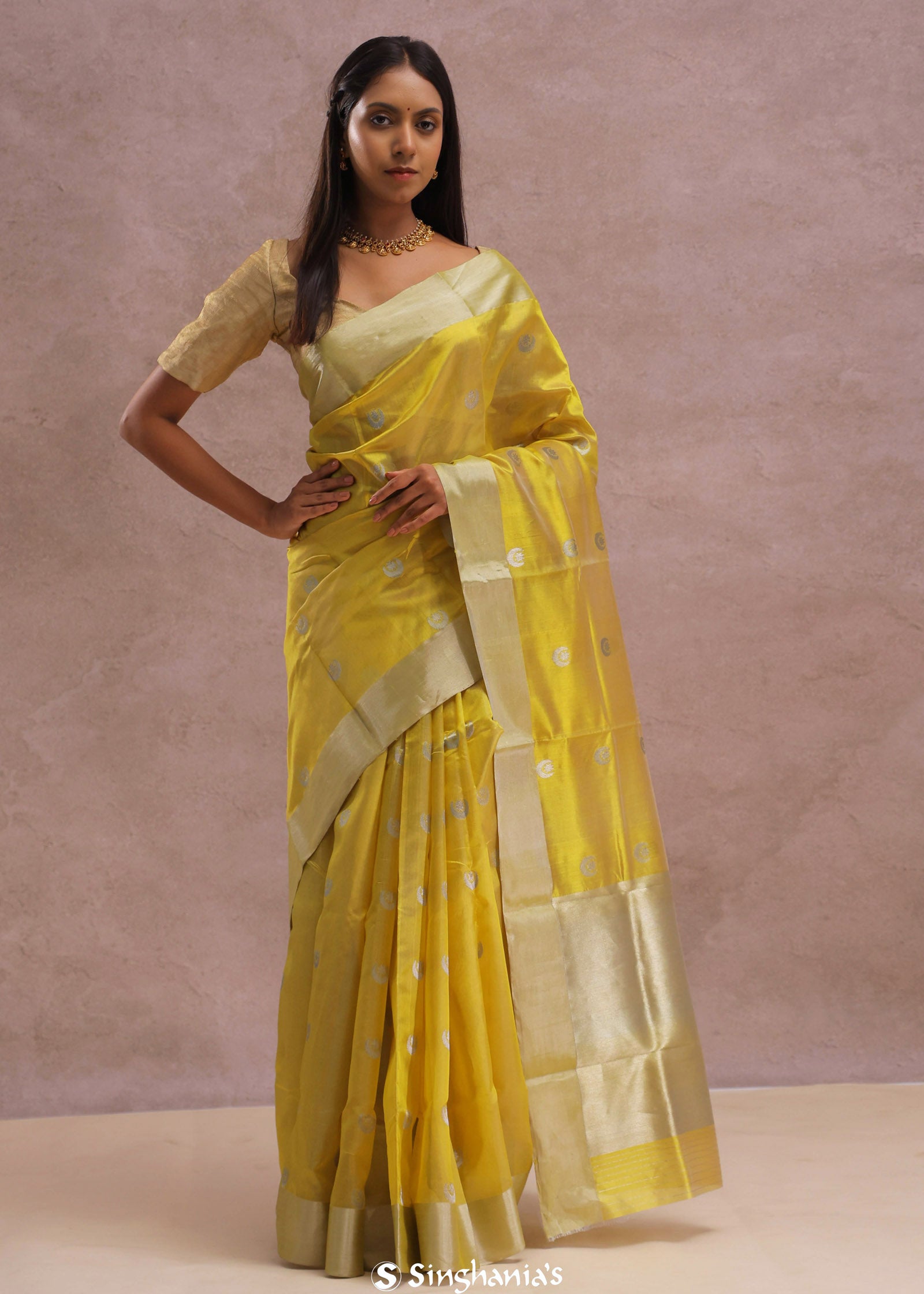 Golden Yellow Chanderi Saree With Gold Zari Border