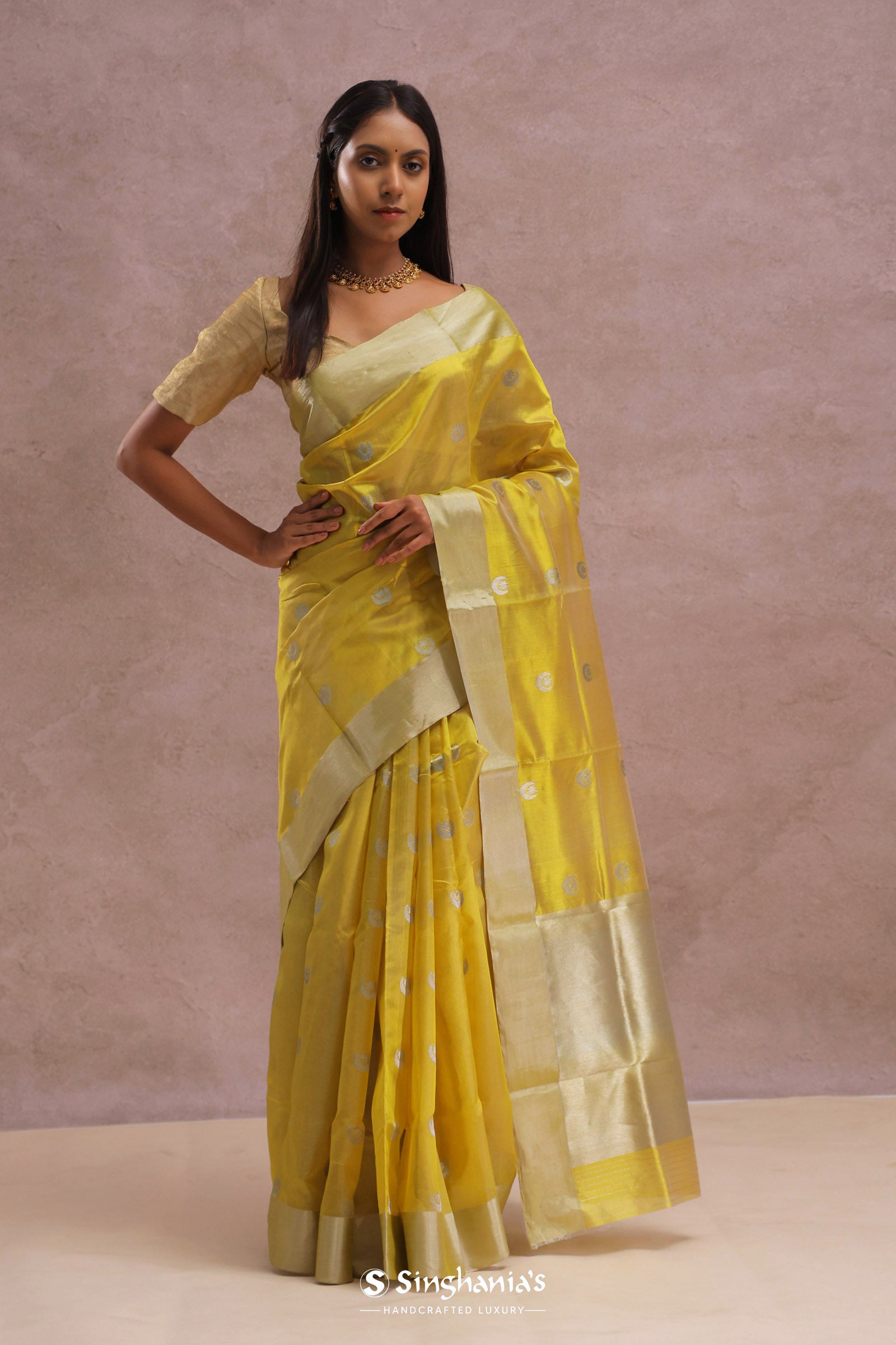 Golden Yellow Chanderi Saree With Gold Zari Border