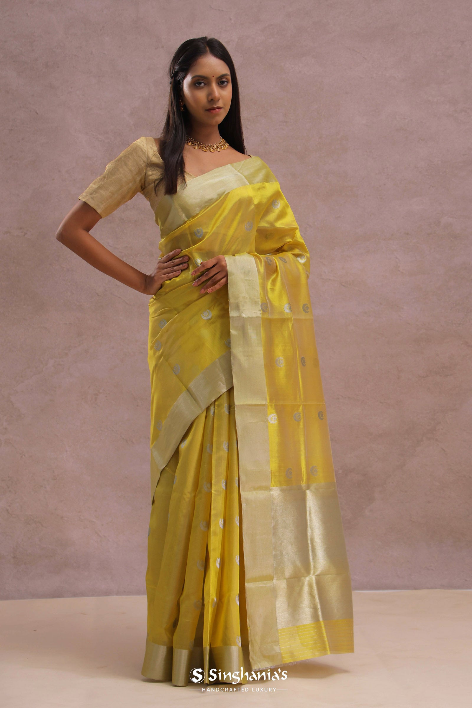 Golden Yellow Chanderi Saree With Gold Zari Border