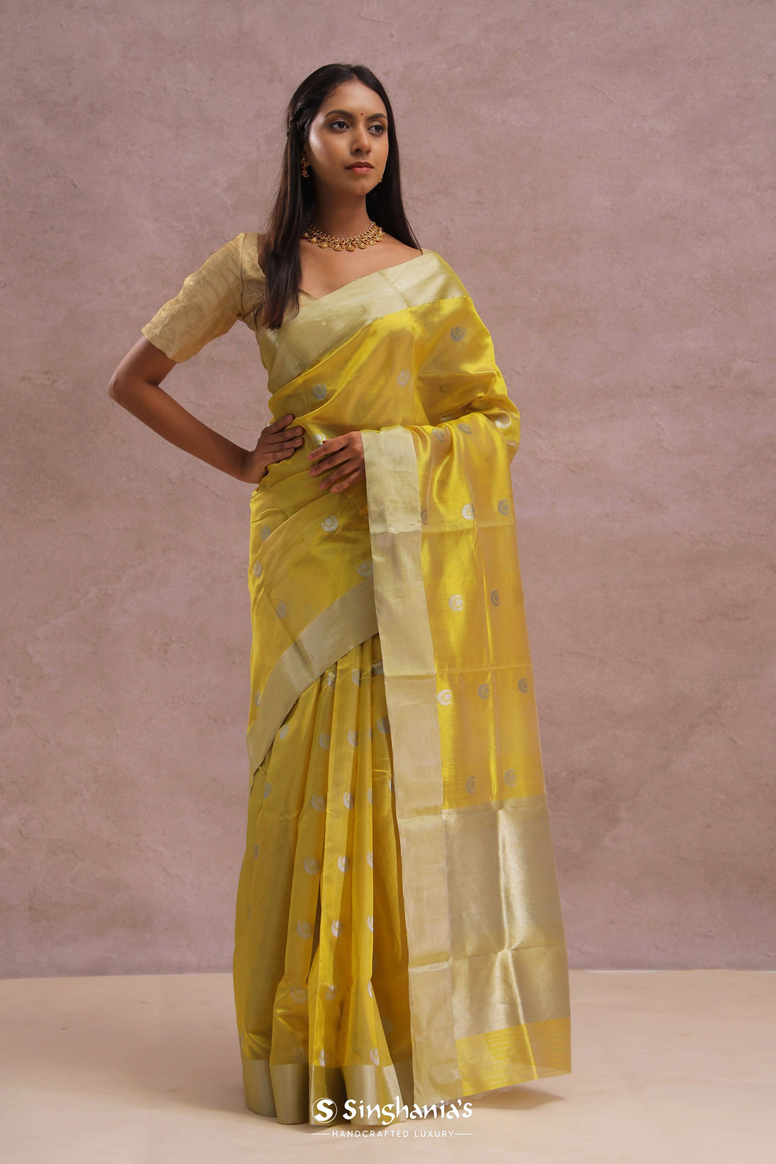Golden Yellow Chanderi Saree With Gold Zari Border
