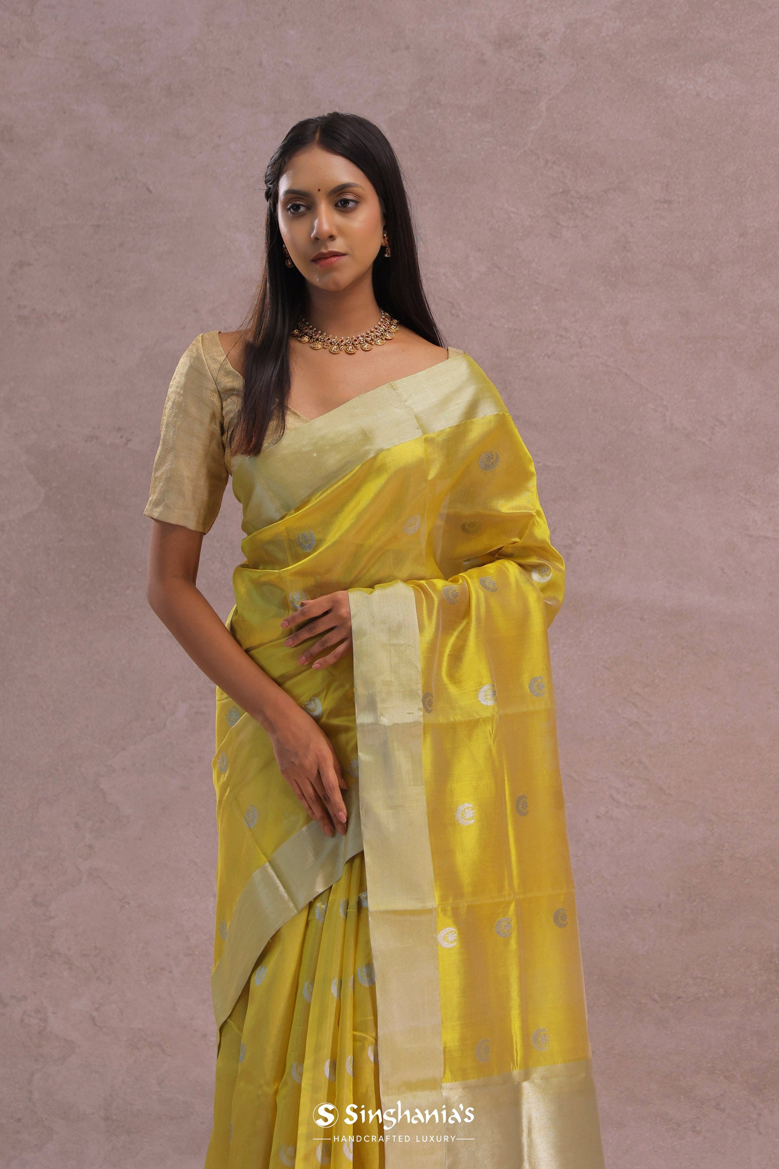 Golden Yellow Chanderi Saree With Gold Zari Border
