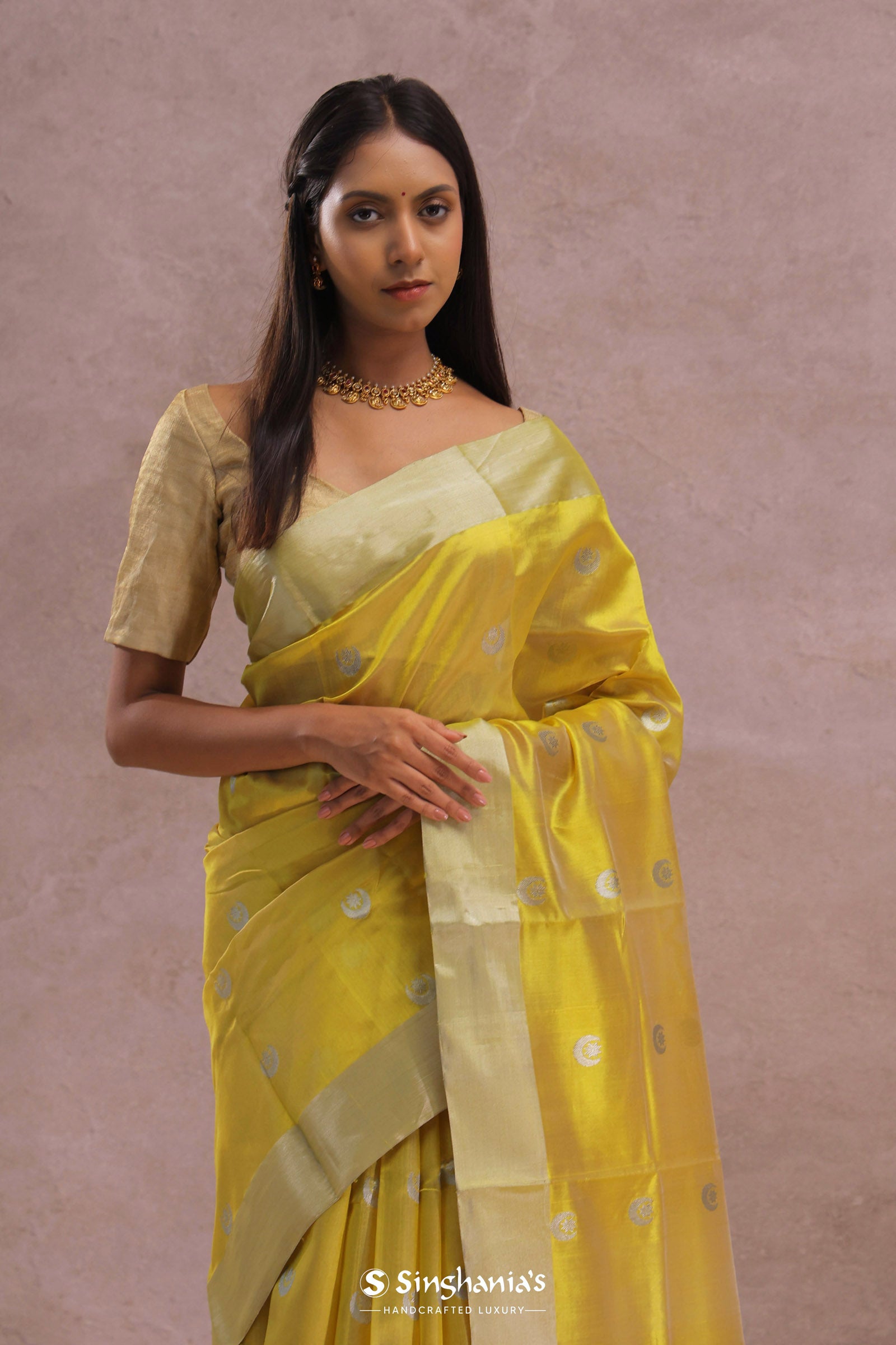Golden Yellow Chanderi Saree With Gold Zari Border