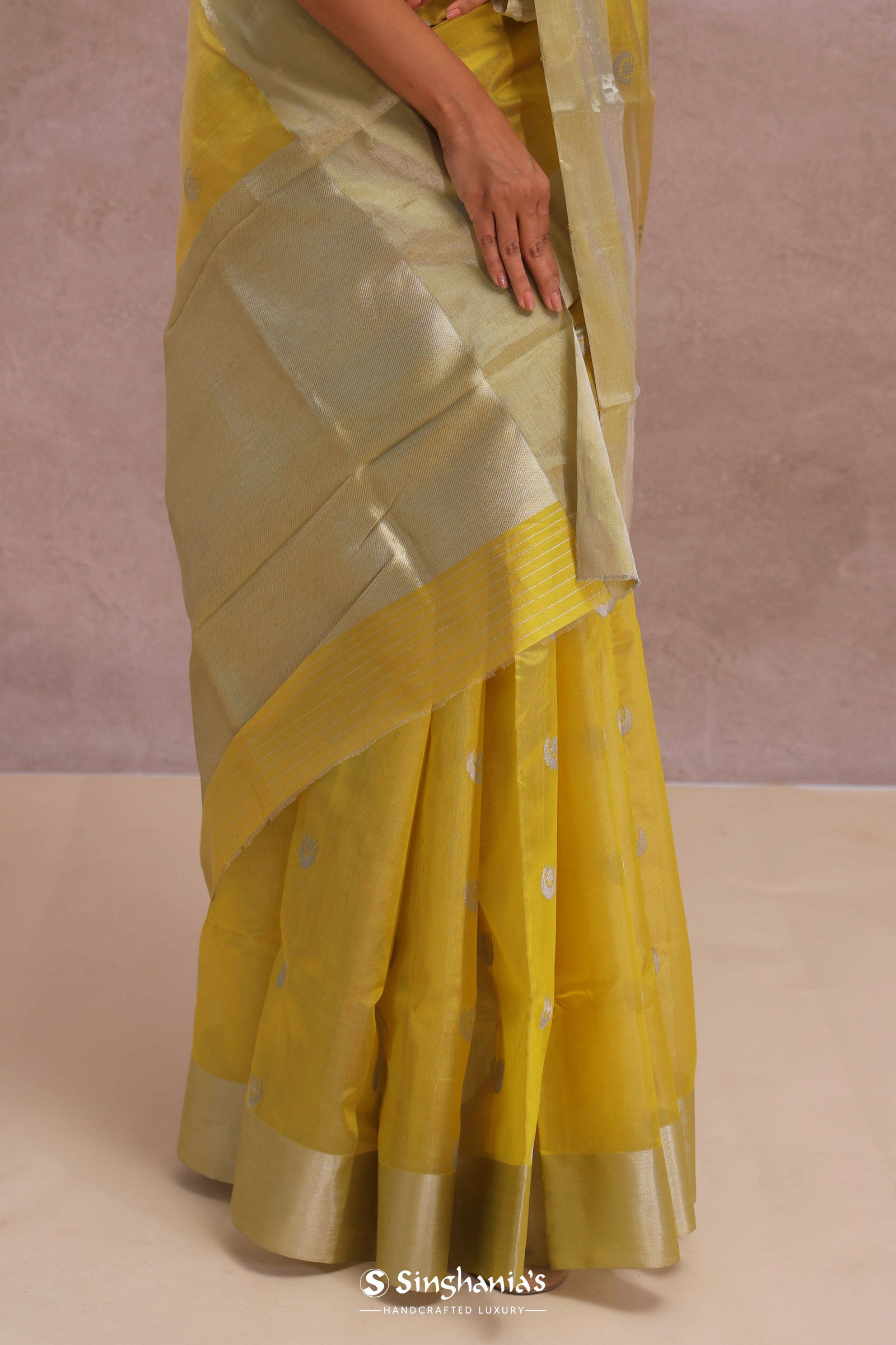 Golden Yellow Chanderi Saree With Gold Zari Border