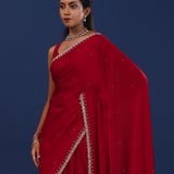 Dark Crimson Red Satin Saree With Cutdana Work