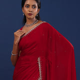 Dark Crimson Red Satin Saree With Cutdana Work