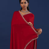 Dark Crimson Red Satin Saree With Cutdana Work