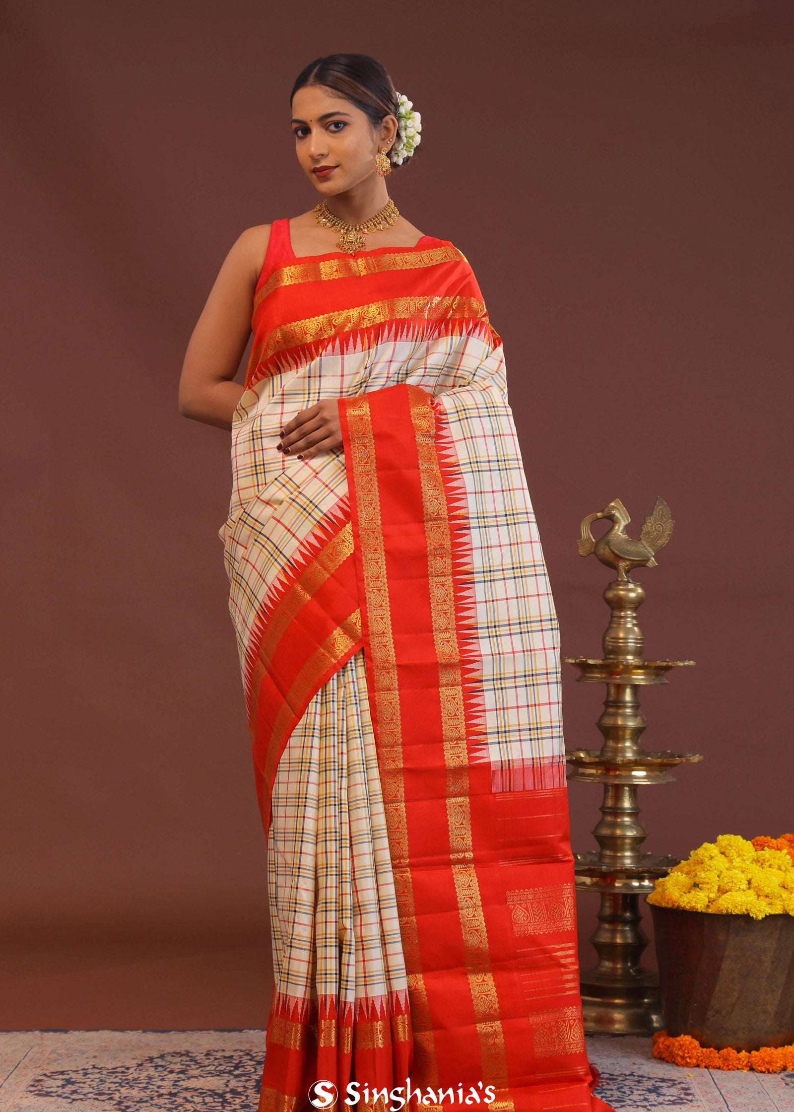 Cream Kanjivaram Saree With Red Border