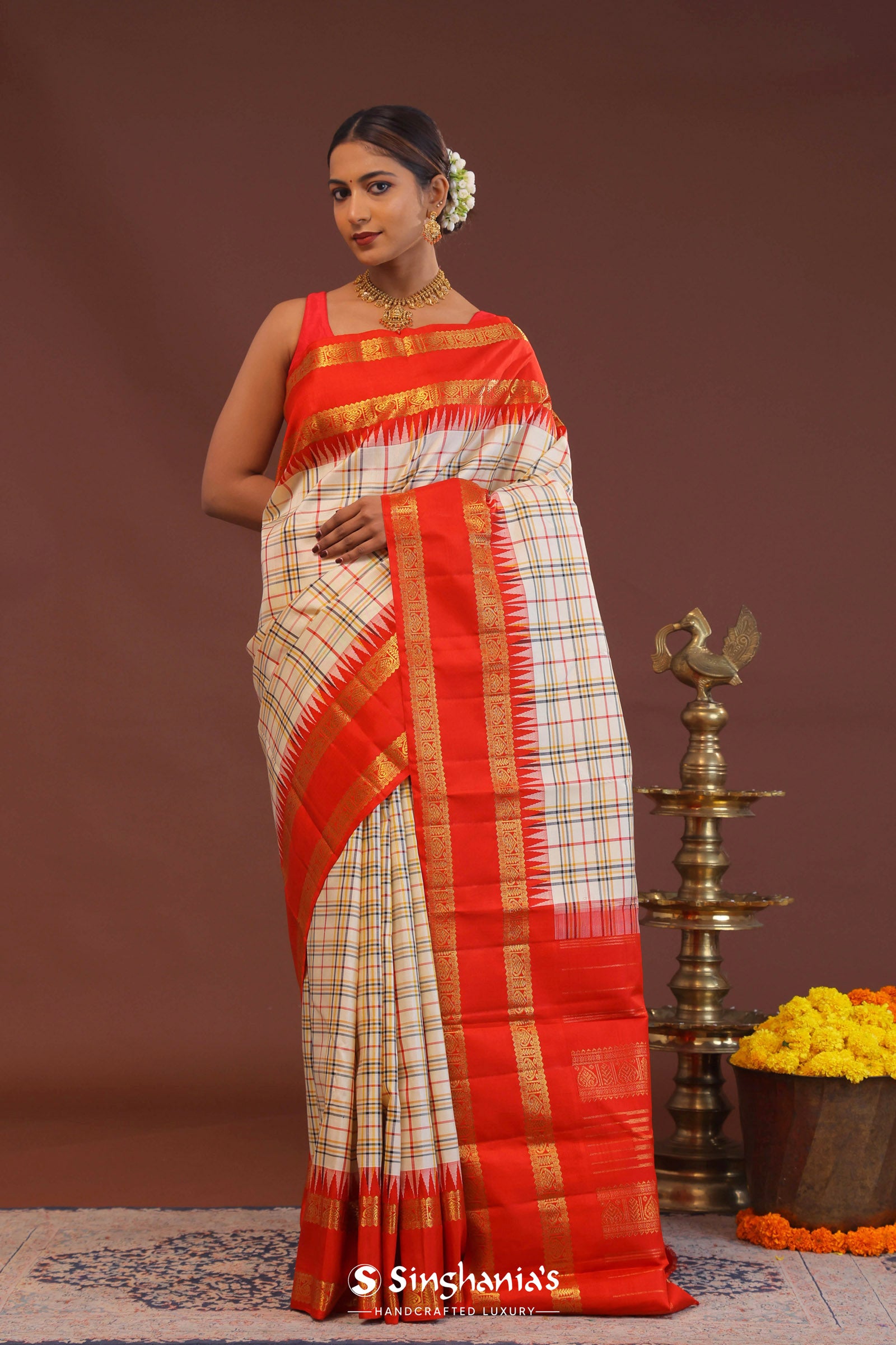 Cream Kanjivaram Saree With Red Border