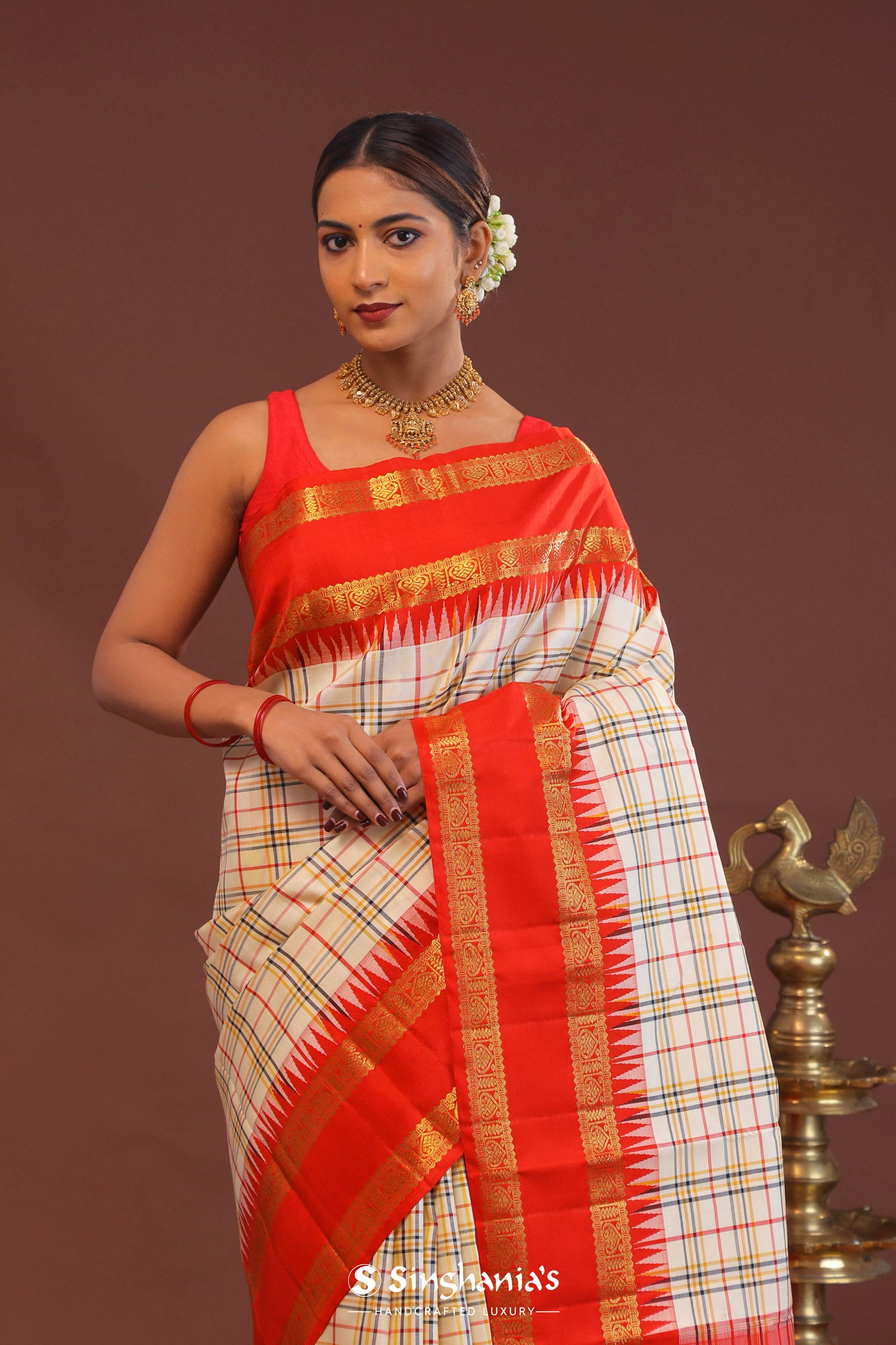 Cream Kanjivaram Saree With Red Border