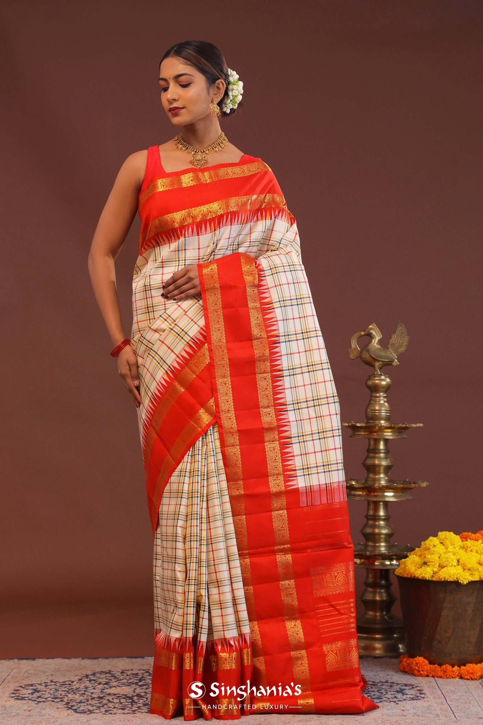 Cream Kanjivaram Saree With Red Border