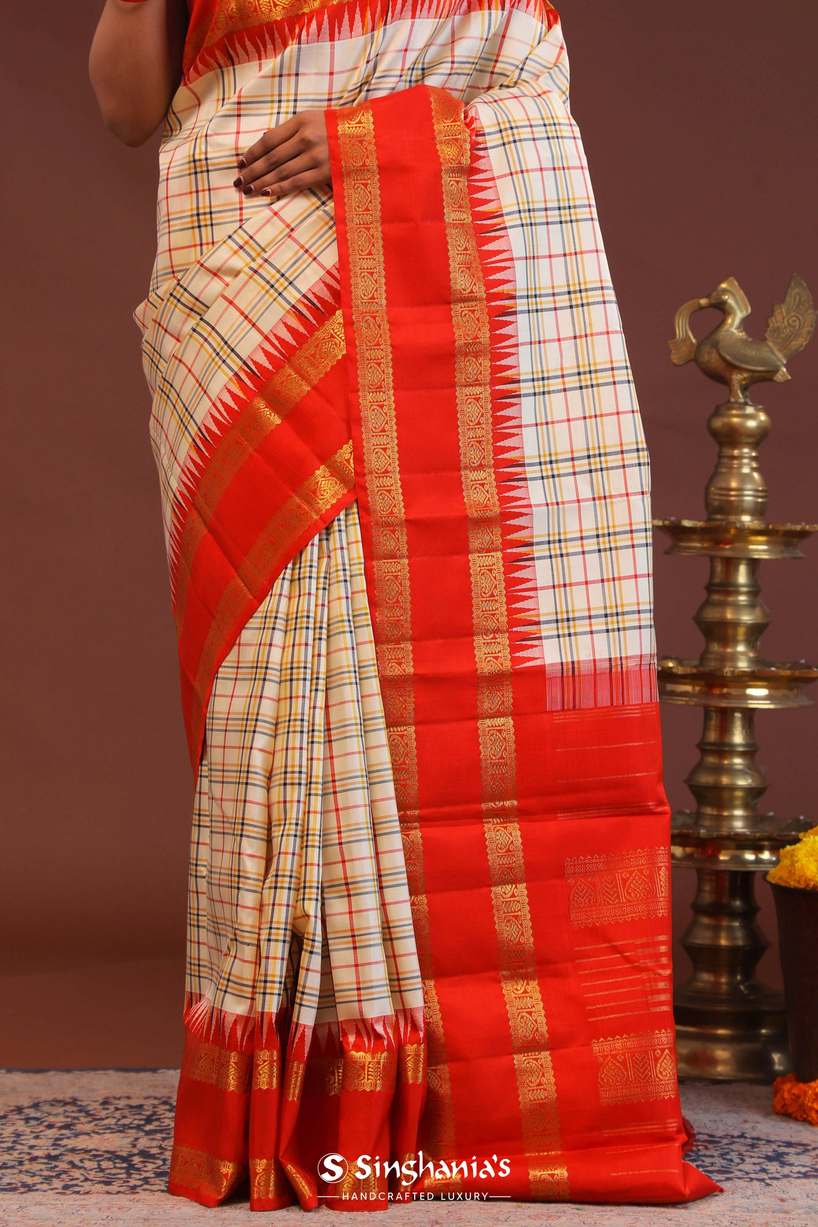 Cream Kanjivaram Saree With Red Border