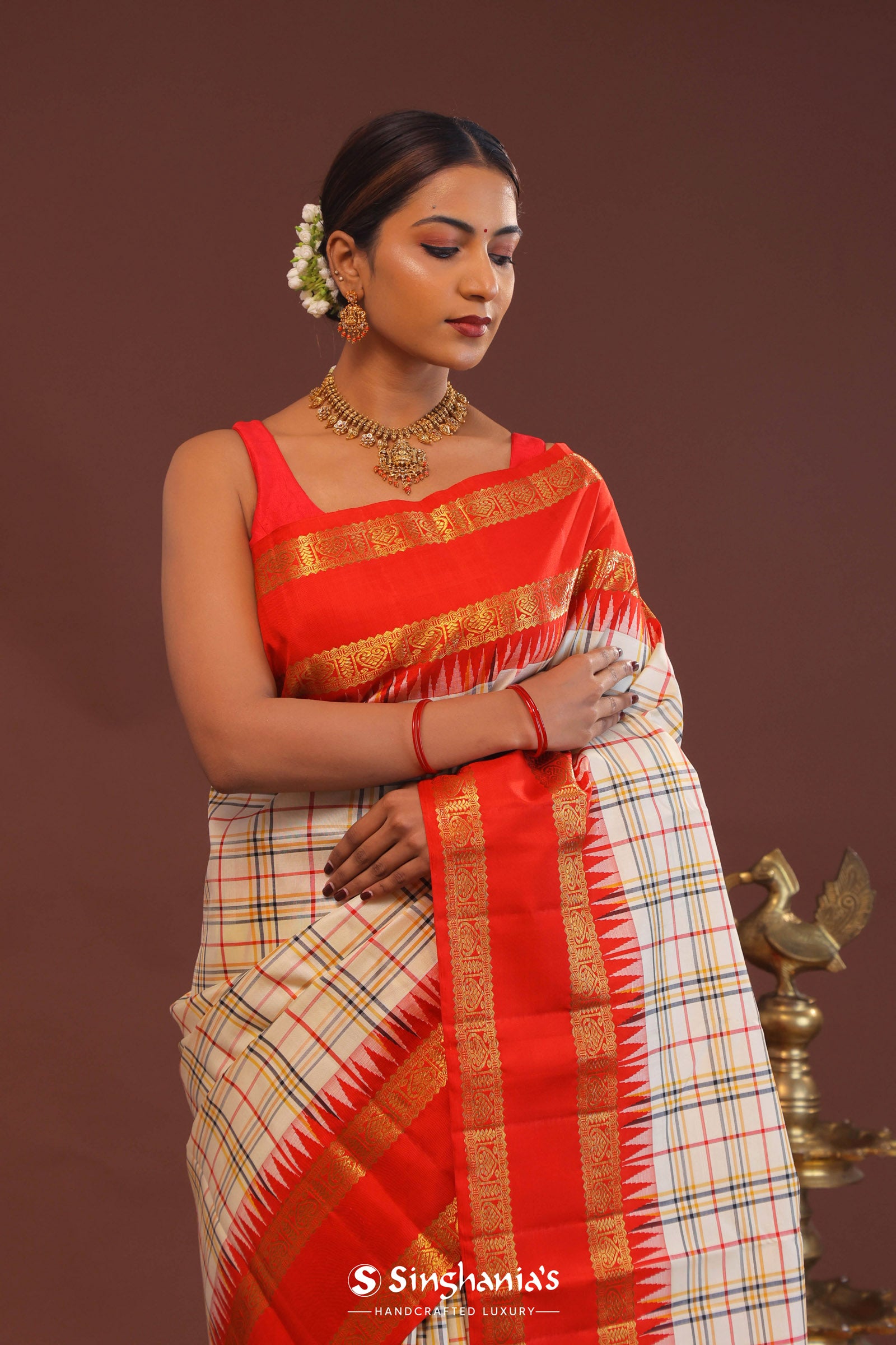 Cream Kanjivaram Saree With Red Border
