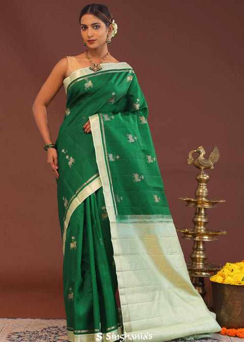 <img> Bottle Green Kanjivaram Saree With Pistachio Border