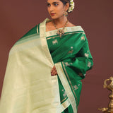Bottle Green Kanjivaram Saree With Pistachio Border
