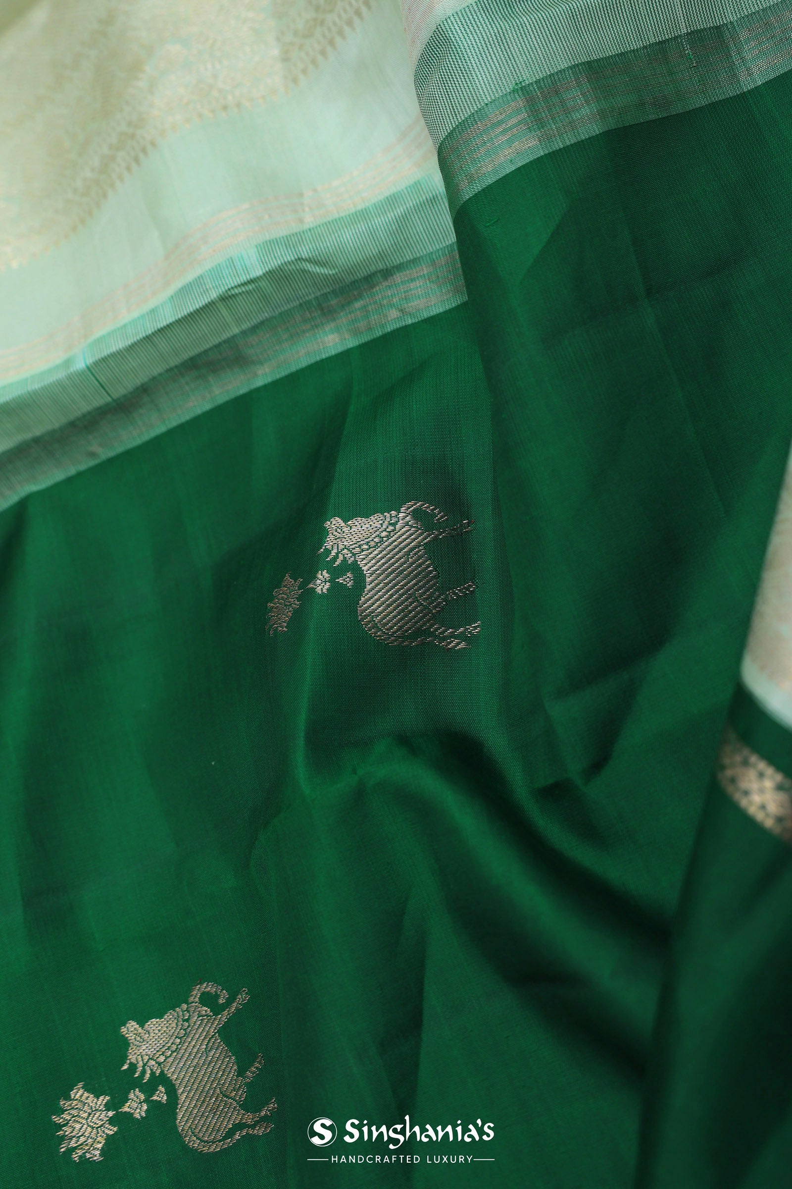 Bottle Green Kanjivaram Saree With Pistachio Border