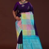 Very Dark Purple Kanjivaram Silk Saree With Peacock Motifs