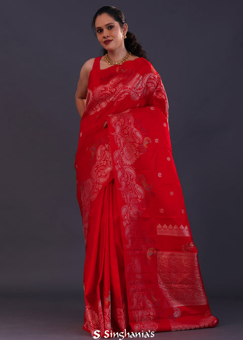 <img> Chilli Red Kanjivaram Silk Saree With Designer Border