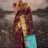 Wine Berry Kanjivaram Silk Saree With Checks Pattern