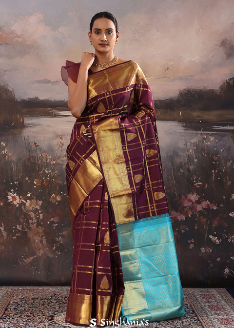 <img> Wine Berry Kanjivaram Silk Saree With Checks Pattern