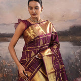Wine Berry Kanjivaram Silk Saree With Checks Pattern