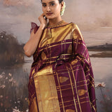 Wine Berry Kanjivaram Silk Saree With Checks Pattern