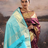 Wine Berry Kanjivaram Silk Saree With Checks Pattern