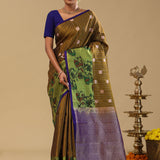 Brownish Green Kanjivaram Silk Saree With Contrast Border