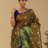 Brownish Green Kanjivaram Silk Saree With Contrast Border