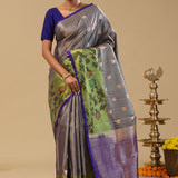 Smokey Gray Kanjivaram Silk Saree With Contrast Border