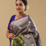 Smokey Gray Kanjivaram Silk Saree With Contrast Border