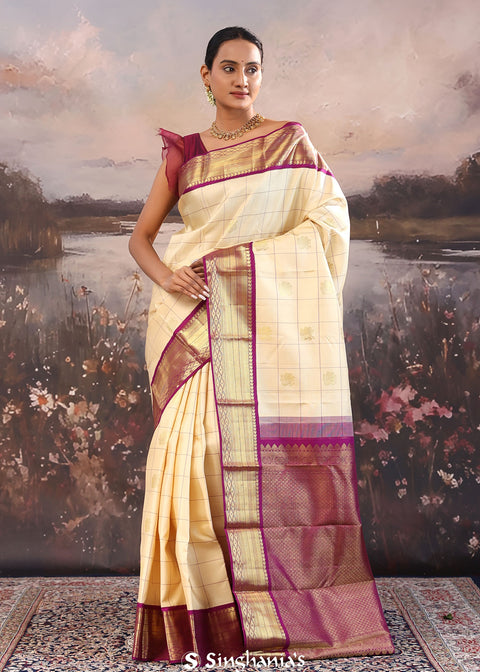 <img> Albescent White Kanjivaram Silk Saree With Checks Pattern
