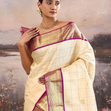 Albescent White Kanjivaram Silk Saree With Checks Pattern