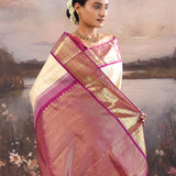 Albescent White Kanjivaram Silk Saree With Checks Pattern