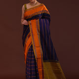 Deep Violet Kanjivaram Silk Saree With Horizontal Stripes