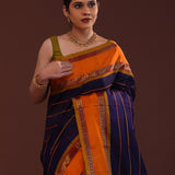 Deep Violet Kanjivaram Silk Saree With Horizontal Stripes
