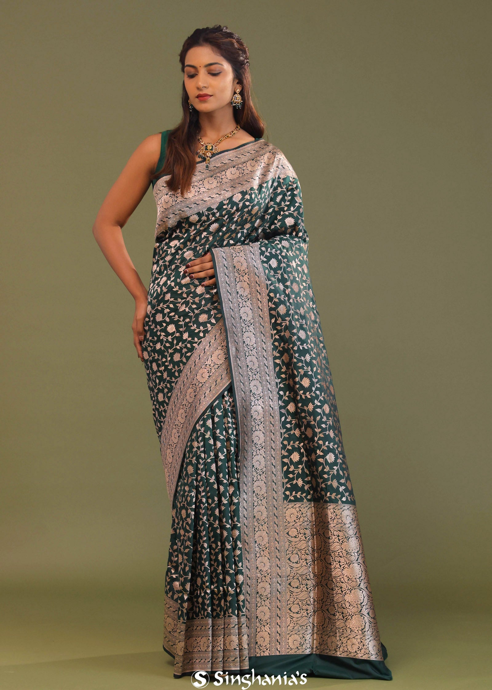 Dark Green Banarasi Saree With Bele Design